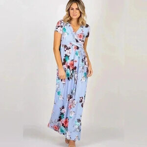 PinkBlush Light Blue Floral Draped Wrap Front Maxi Dress-Size  M